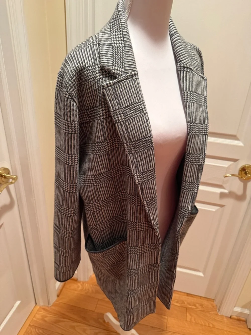 J. Crew Black and Gray Plaid Open-Front Knit Blazer